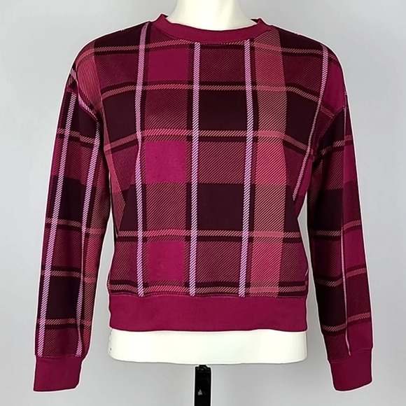 ⭐️3/ $30⭐️ Arizona Jean Co. Cropped Sweatshirt Pink Plaid Cotton Blend Size S - Picture 1 of 10